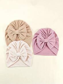 Set de 3 gorros de bebé recién nacido en unicolor, elásticos, con venda de moño - Multicolor - Ver 2