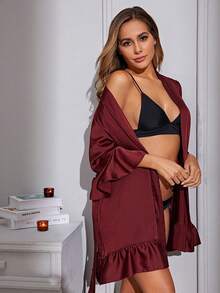 Sexy Lingerie With Ruffled Edges Imitation Silk Nightgown Cardigan Bathrobe Home Wear Sleepwear Women's - 酒紅色 - 查看 4