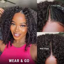 V Part Human Hair Wigs Afro Curly Minimal/No Leave Out Upgrade U Part Wig For  Women V Shape Kinky Curly Thin Part Glueless Clip In Half Wig 180% Density Natural Color