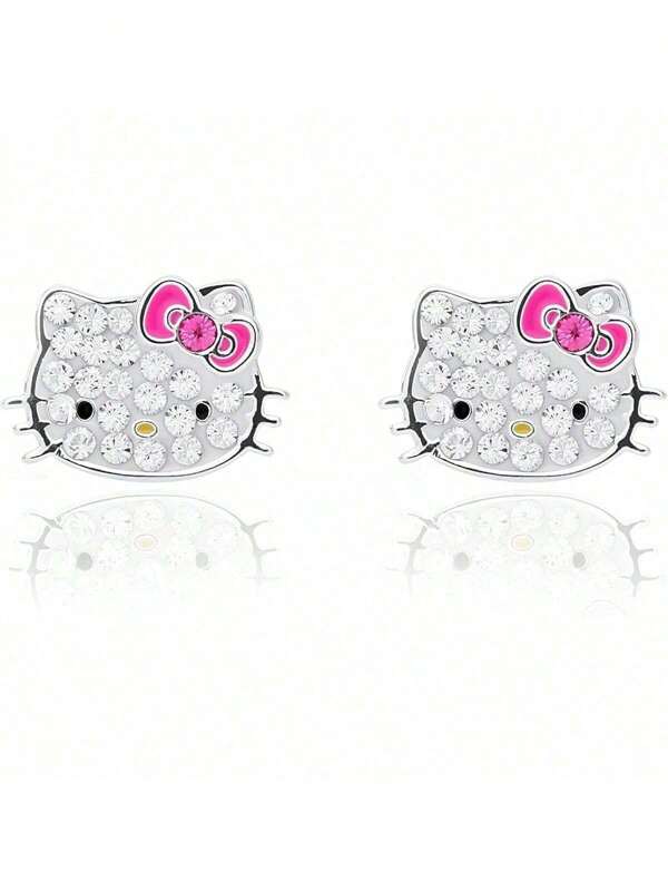 Sanrio 1 Pc Hello Kitty Women Clear Crystal Stud Earrings - Silver Plated Hello Kitty Earrings