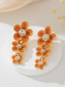1 par de pendientes con colgante de flor de cinco pétalos con estilo de gota naranja vibránte y cristales incrustados, elegantes y frescos para el verano, vacaciones y apropiados para uso diario, citas y vacaciones