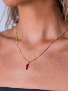 1 pieza Collar de mujer con baño de oro de 18K, cadena de cuentas de acero inoxidable con colgante de chile rojo, adecuado para uso diario y bodas, regalo
