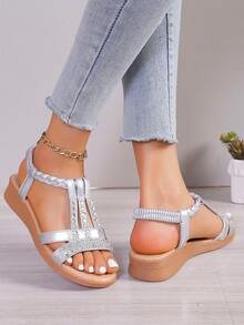 女士时尚百搭厚底一脚蹬软底凉鞋，波西米亚复古串珠水钻防滑拖鞋，夏季 - 銀色 - 查看 3