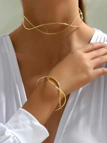 2pcs Minimalist Asymmetrical Metal Texture Open Adjustable Necklace & Bracelet Set