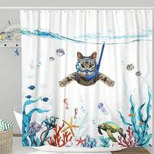 New Fowocu Funny Cat Extra Long Shower Curtain Set Teal Blue Sea Ocean Waterproof Fabric Shower Curtains  Animal Octopus Starfish Turtle Anchor Fish Nautical Bathroom Curtain Dr (Blue, 72''*78'') - 藍色 72 英吋寬 x 78 英吋長(1 包) - 查看 1