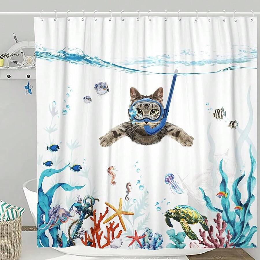 New Fowocu Funny Cat Extra Long Shower Curtain Set Teal Blue Sea Ocean Waterproof Fabric Shower Curtains Animal Octopus Starfish Turtle Anchor Fish Nautical Bathroom Curtain Dr (Blue, 72''*78'') - 藍色 72 英吋寬 x 78 英吋長(1 包) - 查看 1