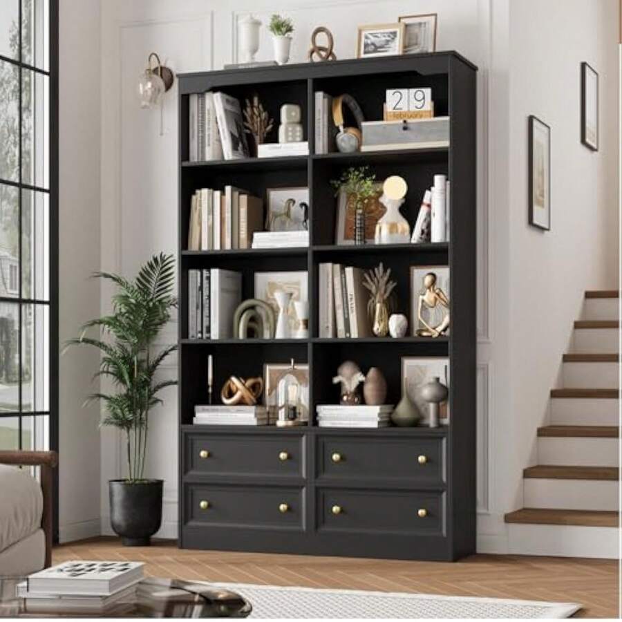 FINETONES 71" Black Bookshelf With 4 Drawers, 6-Tier Double Wide Bookshelves And Bookcases With Storage, Tall Bookshelf Large Op - 1 - View 1