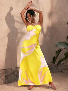 Đầm nữ kiểu tie-dye hở lưng, xoắn, cổ yếm, thanh lịch và gợi cảm, phù hợp cho các bữa tiệc bãi biển, kỷ niệm, hẹn hò hoàng hôn và tiệc cưới mùa xuân. - Màu vàng - Xem 2