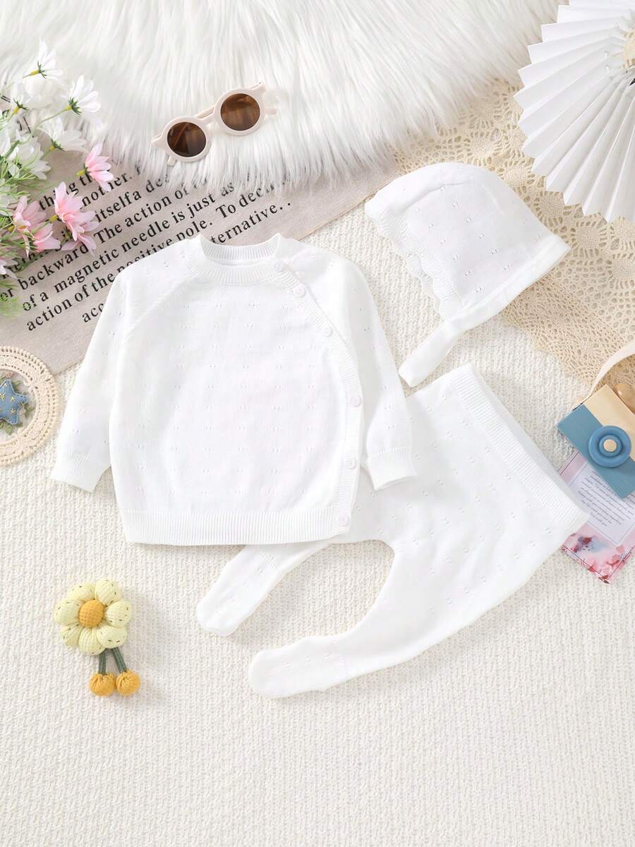 3pcs/Set Newborn Baby Knitted Long Sleeve Romper With Hat, Light Weight