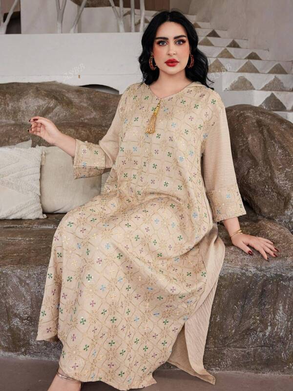 Vestido elegante de mujer con bordado floral y hilo metálico para Ramadán, Jalabia con flecos, sombrero elegante beige, Primavera/Verano 2025