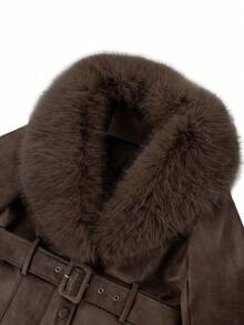Giolshon 女士常规款人造毛皮大衣 - 秋冬季休闲外套，配有腰带，适合各种场合 - 咖啡棕 - 查看 9