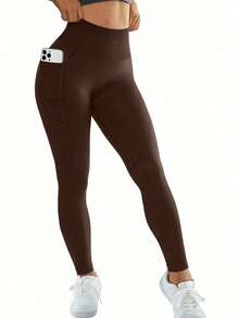 The Combination Of A Two-Piece Plus-Size Women's Cross-Strap Bra And Pocket Leggings Is Suitable For Outdoor Hiking. It Is Comfortable And Lightweight, And The Pocket Design Makes It Convenient To Carry A Mobile Phone - 棕色+棕色 - 查看 7