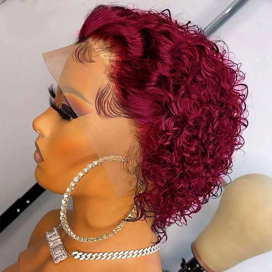 Burgundy 13x1 Pixie Cut Wig Short Curly Lace Wig Human Hair Wine Red Color Lace Front Wigs Human Hair 13X1 Transparent Lace Wig For Women