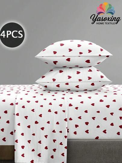 4Pcs White Red Heart-Shaped Love Pattern Sheet Set Bedding Set, 1pc Fitted Sheet & 1pc Flat Sheet& 2pcs Pillowcase Bedding Mattress Protector Set (Not Including Pillow Core)Luxury Fitted Sheet Set King Queen Full TWIN SIZE Sheet Deep Pocket Up To 11.8 Inch Pillowcase, Soft Breathable Wrinkle-Free Better For Sleep, Luxury Hotel Style, Gift For Mom Dad Friend