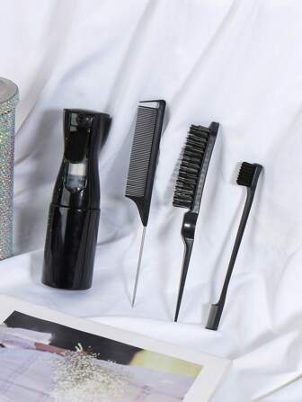 4pcs Hair Brush Set Spray Bottle Slick Back Teasing Comb Rat Tail Comb Double Side Edge Control Hair Brushes Hairstyle Accessory, Hair Styling Kit, Hair Tool Kit, School Stuff