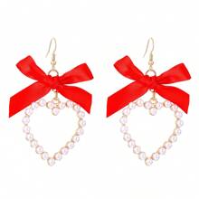 2 pares de brincos de pérola com laço fofo e coração, brincos de qualidade de nicho da moda para mulheres
