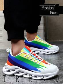 Men's Fashion Colorful Stripe Hollow Out Braided Sole Casual Sneakers, Outdoor Classic Comfortable Lightweight Everyday Versatile Couple Running Shoes, All Season - White - View 5