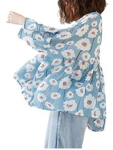 Women's Floral Print V Neck Batwing Sleeve Blouse, Casual Loose Chiffon Babydoll Top - Blue - View 4