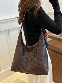 时尚女士新月形编织单肩包，PU 皮革斜挎包，带零钱包