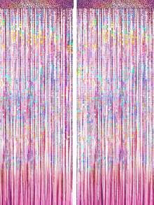 2 片银色箔片流苏窗帘，闪亮金属粉色底，适合装饰生日、婚礼、派对、70 年代、80 年代、90 年代迪斯科主题、单身派对、彩虹派对、冬季圣诞节装饰 - 粉色 - 查看 7