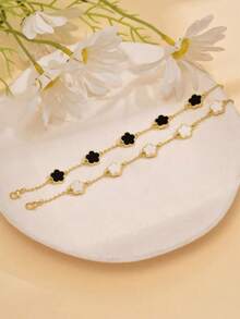 2 chiếc Vòng tay nữ thiết kế hoa cỏ ba lá 5 cánh màu đen và trắng đơn giản, thời trang, đa năng và thanh lịch cho mùa hè - màu đen - Xem 2