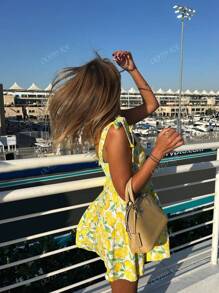 Vestidos de moda elegantes y casuales de estilo resort para mujer en primavera y verano con diseño de estampado de limón, sin tirantes, con nudo, sin mangas, escote halter y línea A, en mini longitud