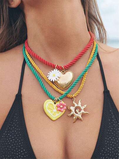 1 Set Of 3 Boho Style Woven Rope Multi-Layer Colorful Necklaces With Heart & Flower Pendants, Luxury Jewelry Suitable For Holiday Wear
