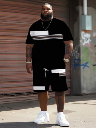 大码男士 3D 图形印花圆领短袖西装套装，格子和条纹拼接设计，弹性透气涤纶，休闲运动风格，宽松版型，适合日常穿着和聚会