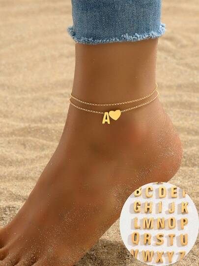 1pc Fashionable Minimalist 26 Initial Double Layer Anklet, Suitable For Summer Outing, Beach, Holiday, Daily Wear, A Great Gift For Teenage Girls