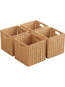 Foldable Storage Baskets With Handles Paper Rope Storage Baskets Rectangle Collapsible Hand Woven Storage Cubes Bins For Organizing Shelves Living Room Bedroom Pantry (4, 11'' X 11'' X 11'') - Natural - View 1