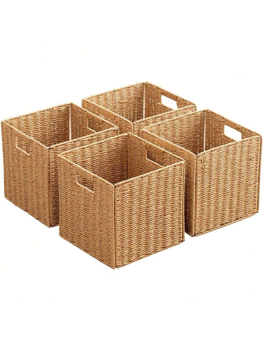 Foldable Storage Baskets With Handles Paper Rope Storage Baskets Rectangle Collapsible Hand Woven Storage Cubes Bins For Organizing Shelves Living Room Bedroom Pantry (4, 11'' X 11'' X 11'') - Natural - View 1