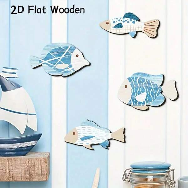 1set, Ocean Series Pattern, Blue And White Style Tropical Fish Pattern, Wooden Sign Wall Decor Wall Art, Bar Cafe Door Decor, Room Decor, Outdoor Courtyard Decor, Plaque Party Decor.With Double-Sided Tape Summer Home Decors Beach Bedroom Decor