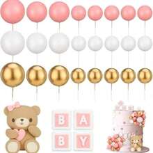 زينة كعكة دببة وردية صغيرة / تزيين أعلى وجوانب الكعكة / كرات بيضاء / كرات وردية / كرات ذهبية / مكعبات حرف وردي ثلاثي الأبعاد / دبدوب لطيف / بأسلوب لطيف وحلو / مناسب لحفلات المناسبات / حفلات المعمودية / حفلات أعياد الميلاد (وردي)