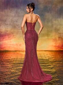 Women Beaded Gown Elegant Strapless Fishtail Dress For Formal Dinner, Party, Award Ceremony, For Evening, Wedding Guest - Màu Đỏ Sâu - Xem 2