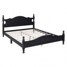 Cama de plataforma de madera tamaño queen, cama de plataforma de estilo retro con soporte de listones de madera, negro-805 - Multicolor - Ver 6