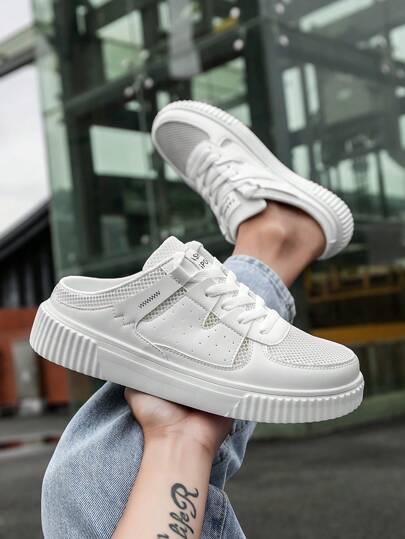 Men's Simple Fashion Letter Print White Mesh Slip-On Casual Shoes, Outdoor Breathable Comfortable Versatile Daily Commute Walking Flat Sports Sneakers