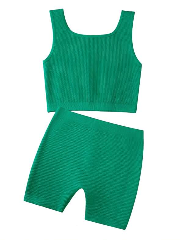 EXARUS EXARUS Girl's 2 Piece Outfits Workout Set Seamless Ribbed Cropped Tank Tops And Athletic Shorts Summer Kids 6-14Y