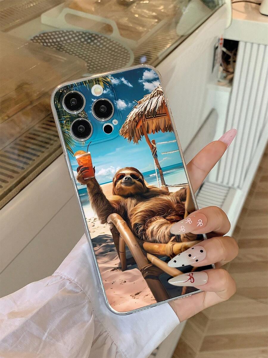 1pc Sloth Graphic Transparent Non-Slip Anti-Drop TPU Phone Case, Compatible With IPhone 16/16Plus/16Pro/16Promax, Compatible With IPhone 15/15Plus/15Pro/15Promax, Compatible With IPhone 14/14Plus/14Pro/14Pro Max, Compatible With IPhone 13MINI/13/13Pro/13Pro Max, Compatible With IPhone 12MINI/12/12Pro/12Pro Max, Beach Holiday Style - Multicolor - View 1