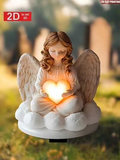 2D 平面永恒之光天使花园桩 - 防水乙烯基波西米亚墓地装饰，带有发光心形，落地纪念装饰，适合复活节和全年户外使用，无需电力，墓地坟墓装饰