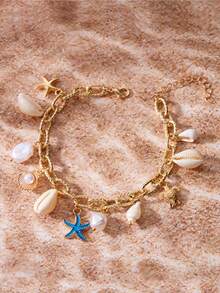 1 件度假海洋风格滴油珍珠贝壳海星手链，时尚个性化手链，适合女孩和青少年，优雅的欧美设计 - 彩色 - 查看 9