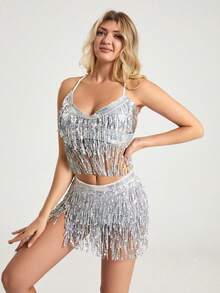 Suitable For Thai/Arabic Dance Costumes Tassel Sequin Belly Dance Bra Performance Costume Show Top Suspender Bra Latin Grass Skirt Belly Dance Chain Tassel Belt Skirt - Multicolor - View 2