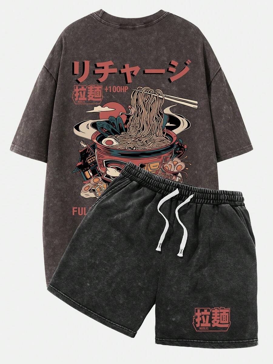 Shwiy 男士水洗黑色短袖抽绳短裤两件套，休闲简约印花T恤搭配及膝短裤，适合春夏日常穿着，动漫/漫画爱好者礼物，街头风 - 咖啡棕 - 查看 1