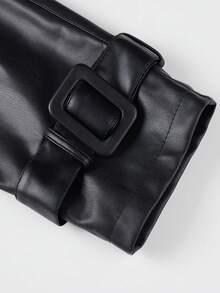 女士春秋季PU皮长款外套，时尚轻便防风夹克，配有可调节腰带 - 多功能通勤外套 黑色 - 黑色 - 查看 6