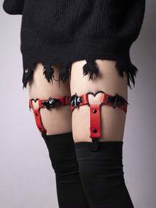 1 Pair Women's Gothic Bat Wing & Heart Design Adjustable Sock Garters, Punk Style Leg Accessory - A - View 6