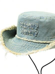 DareSee 1pc Vintage Washed Frayed Edge Embroidered English Letter Drawstring Bucket Hat, Suitable For Couples, Outdoor Sports, Traveling And Daily Use Music Fest Y2KFest Back To School Autumn Winter Gifts - Multicolor - View 9
