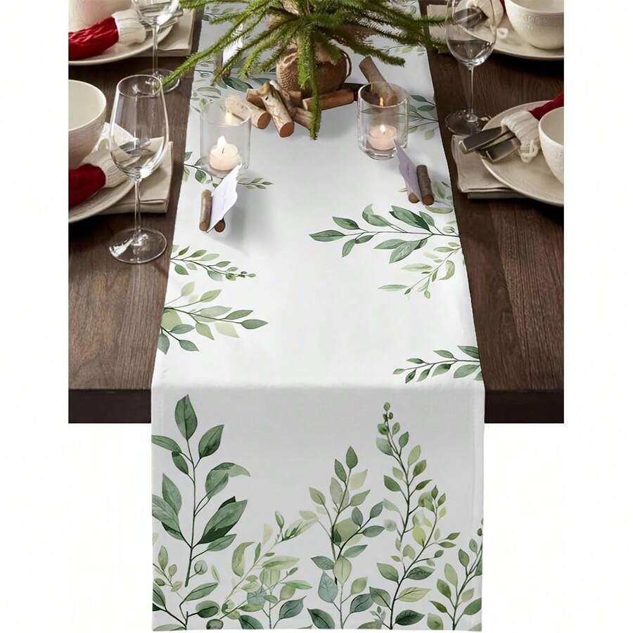 1 chiếc khăn trải bàn hình chữ nhật họa tiết lá khuynh diệp màu xanh lá cây thanh lịch, thích hợp cho nhà hàng sang trọng, tiệc tùng ngày lễ và không khí nhà bếp trang trại, 33x183cm