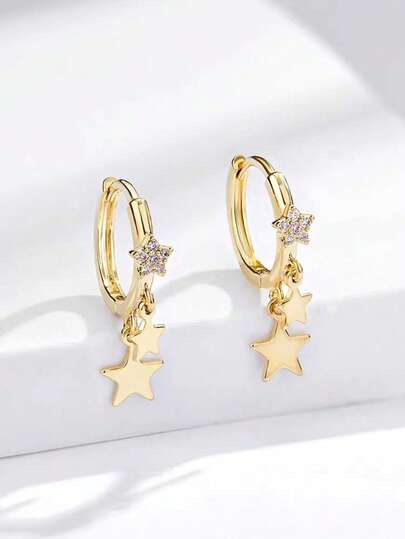 1 Pair "Unique" Popular Star Shaped Copper Micro-Inlaid Earrings/New Arrival EU/US Style Copper Micro-Inlaid Cubic Zirconia Double Shooting Star Luxury Earrings, All Season Suitable For Women Student/Business/Holiday/Party/Daily Wear (2025 Yiwu Jewelry Recommended Exclusive Item)