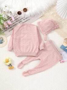 3pcs/Set Newborn Baby Thin Long Sleeve Romper & Hat Knit Set - Pink - View 9