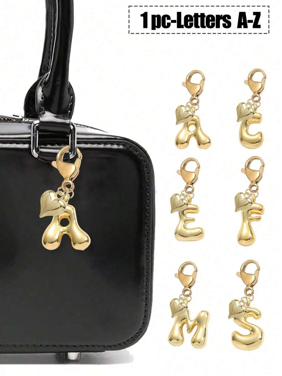 Bubble Letter Cute Necklace Pendant, Bag Charm - Lucky Crystal Pendant With Golden Heart Pendant, Letter A-Z, Shiny Alloy Bag Backpack Keychain - Perfect Gift For Birthday And Special Occasions, Keychain Bag Backpack Car Charm, Gift For Women And Girls, Wallet And Handbag Accessories. Small Gift For Women On Birthday, Valentine's Day, Mother's Day. - Gold - View 1