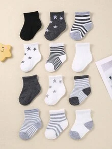24/12/5 双灰色系列婴儿袜，条纹、五角星、卡通、恐龙图案。简约休闲风格，百搭各种服饰，适合所有季节。婴儿袜，新生儿必备，婴幼儿袜。 - 彩色 - 查看 3